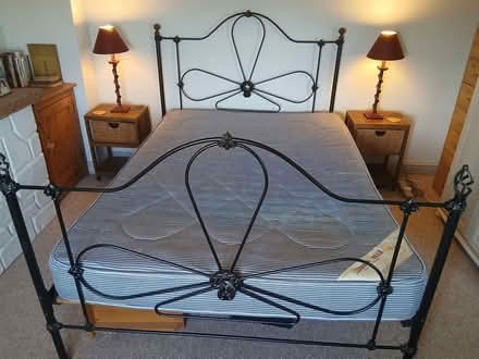 Photo of free Metal double bed frame, mattress and bedside tables (Llanvihangel Ystern Llewern NP25) #1