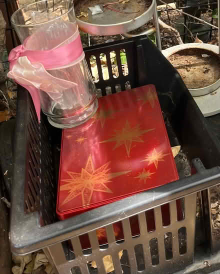 Photo of free A glass vase and empty cookie tin (133 Martens Blvd, San Rafael) #1