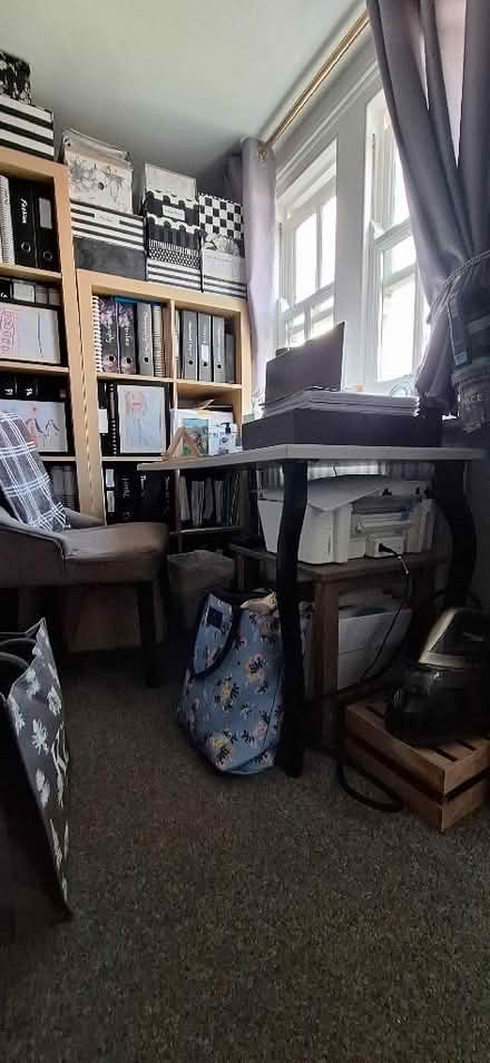 Photo of free Ikea grey and black desk with upholstered chair (Lion Gate TW9) #1