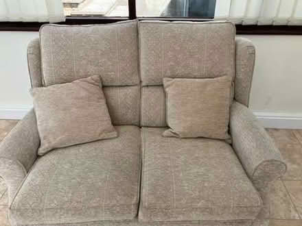 Photo of free 2 seater sofa, armchair and footstool - with matching cushio (Weston Park BA1) #1