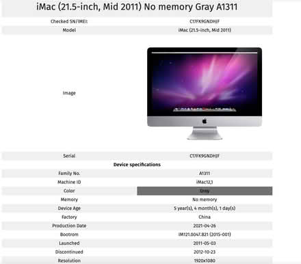 Photo of free Faulty iMac (21.5-inch, Mid 2011) (NW10) #4
