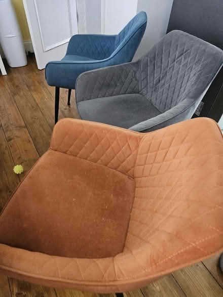 Photo of free 4 dinning chairs, 2 grey 1 blue 1 orange. (Greenwich SE10) #1