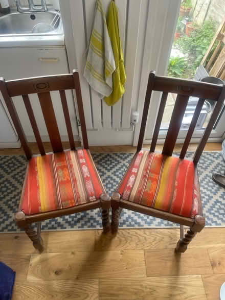 Photo of free Two wooden upholstered chairs (SW17 8JA) #1