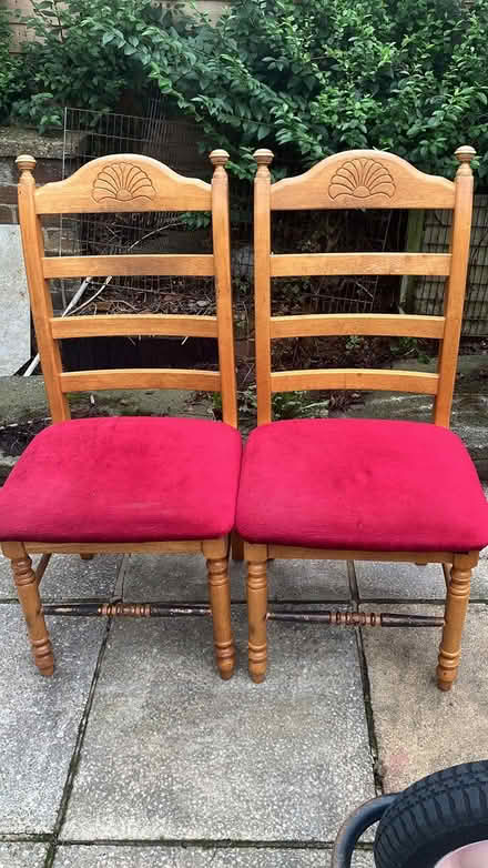Photo of free 4 wooden chairs with red cushions (Leftwich CW9) #1