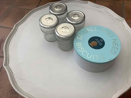 Photo of free 4 Jam jars and biscuit tin (Croydon) #1