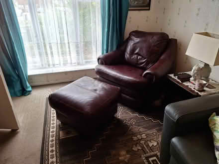 Photo of free Red leather comfy chair with footstool (Chells SG2) #2