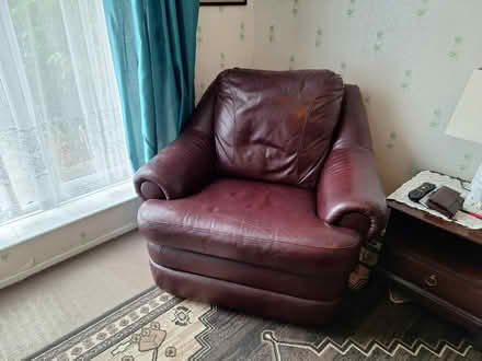 Photo of free Red leather comfy chair with footstool (Chells SG2) #1