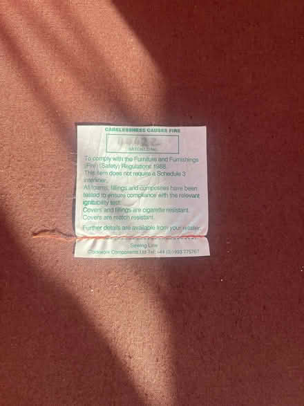 Photo of free Red fabric sofa with fire label (Priestwood RG42) #2