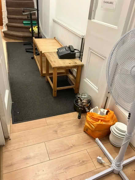 Photo of free bed side table, clothes stand, metal rack, pans, fan etc (Shepherds Bush W6) #1