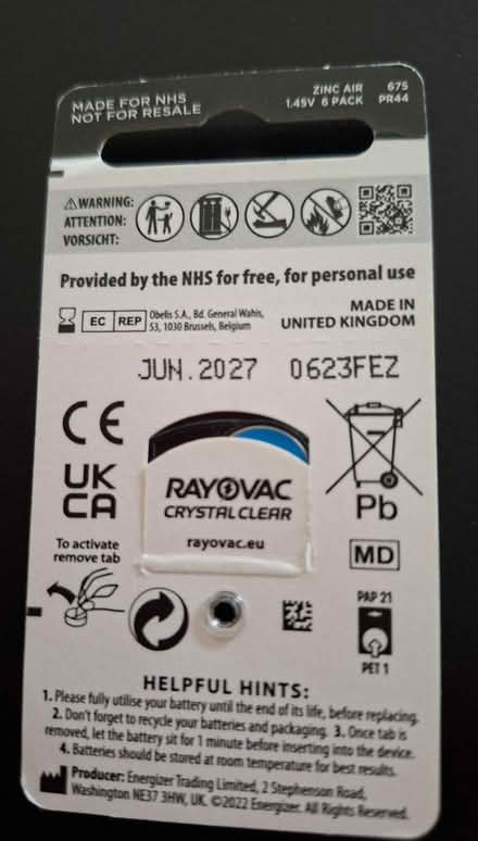 Photo of free Hearing aid batteries (KT6 Surbiton) #2