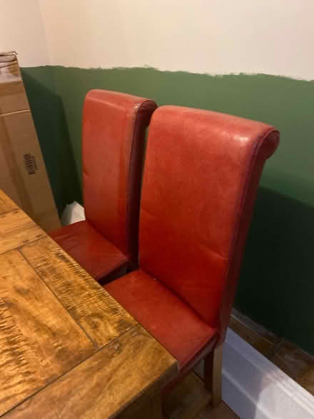 Photo of free 4 x red leather oak dining chairs (Guisborough TS14) #2