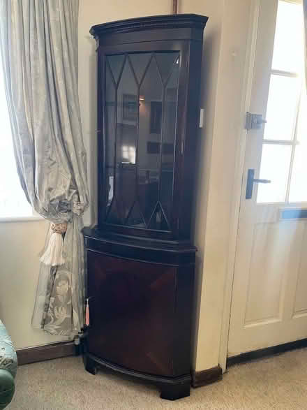 Photo of free Dark Wood Corner Display Cabinet with Glass Door and Lightin (Powys House EX10) #1