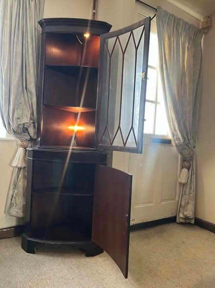 Photo of free Dark Wood Corner Display Cabinet with Glass Door and Lightin (Powys House EX10) #2