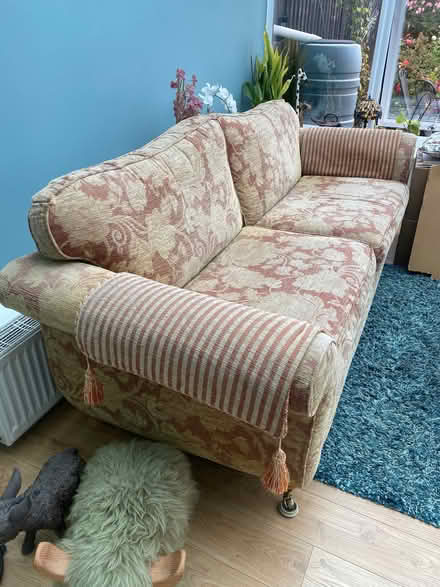 Photo of free Gold and autumn brown three piece suite, sofa and 2 chairs (Ashingdon SS4) #1