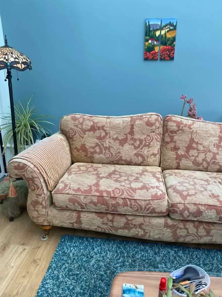 Photo of free Gold and autumn brown three piece suite, sofa and 2 chairs (Ashingdon SS4) #3