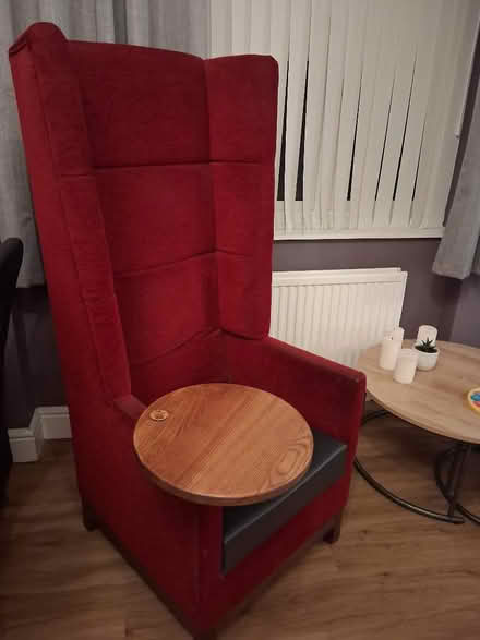 Photo of free Very high backed red chair with writing desk (Beddington SM6) #1