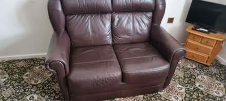 Photo of free 2 x 2 seater brown leather sofas (Royston Barnsley S71) #1