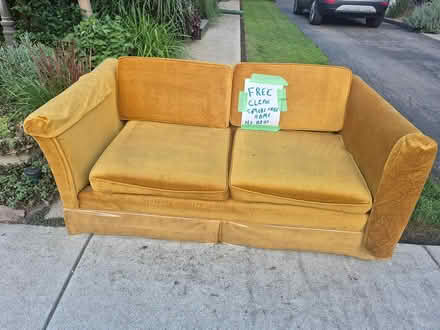 Photo of free Yellow Velour Couch (King St E & Balsam S Hamilton) #1