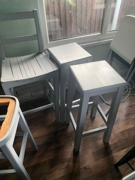 Photo of free 3 grey wood bar stools (Seaforth L21) #1