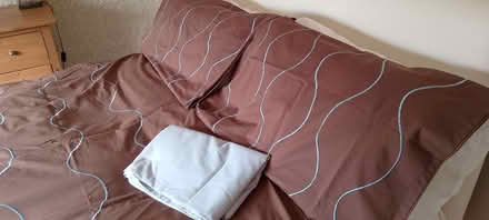 Photo of free Double duvet set (brown with blue embroidered wave) (Emmbrook RG41) #1