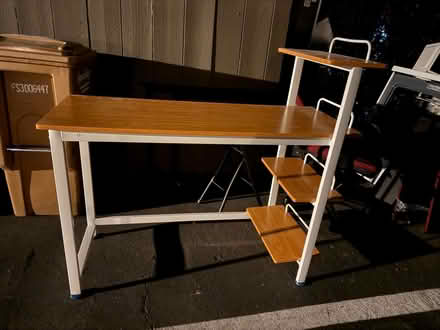 Photo of free Desk w wooden top, metal frame (1089 West Olive Avenue) #1