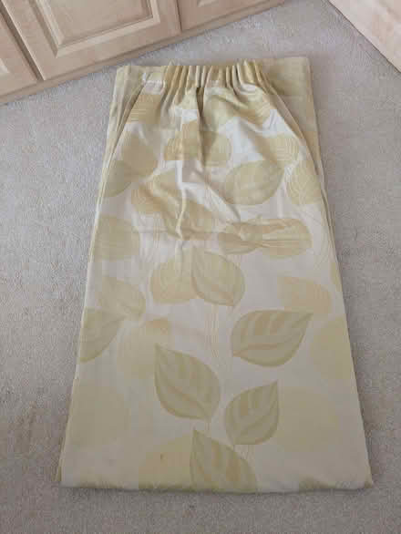 Photo of free Pair of cream curtains with light green leaf pattern (Bishopton Hamlet CV37) #1