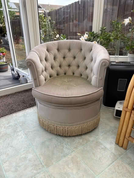 Photo of free Buttoned back tub chair with fringing in pale green (Benfleet SS7) #1