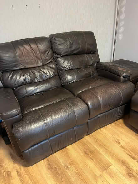 Photo of free Two brown leather recliners plus footstool (Leigh Beck SS8) #1