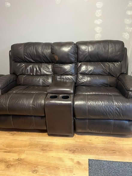 Photo of free Two brown leather recliners plus footstool (Leigh Beck SS8) #2