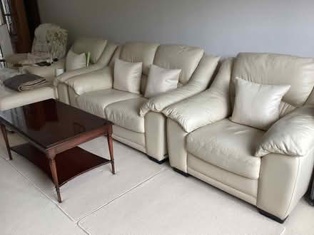 Photo of free Lovely set of Italian cream leather sofa + recliner armchair (Micklefield HP13) #1