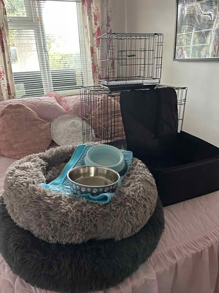 Photo of free 2 round beds2 feeding bowls a large and 1 small cages and 1 (Welham Green AL9) #1