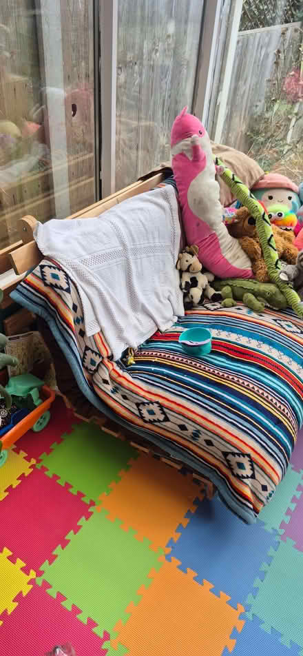 Photo of free Wooden futon sofa with brown cushion (Lowestoft NR32) #2