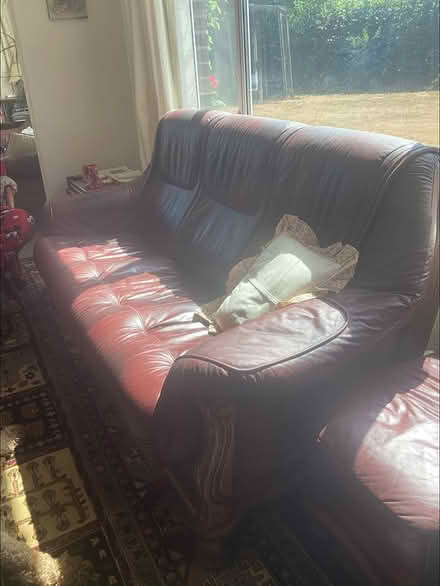 Photo of free Red-Brown Leather sofa & footstool (Axminster) #1