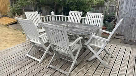 Photo of free Garden table + set 6 chairs, white, wooden (St Margarets TW1) #1