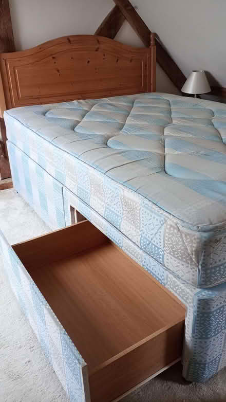 Photo of free Double bed, 2 drawers, wooden headboard, fire rated mattress (Fishpool Valley HR6) #1