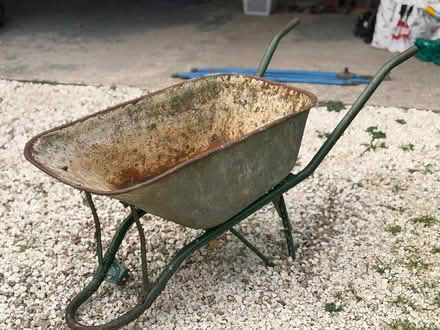 Photo of free Metal wheelbarrow, solid, but needs tyre. (Temple Guiting GL54) #1