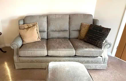 Photo of free Pale green 3 seat sofa, storage pouffe and armchair (Congleton CW12) #1