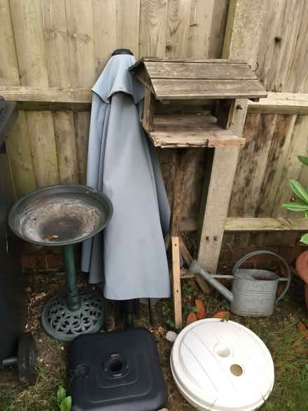 Photo of free bird bath & feeder, parasol & stands, watering can need TLC (Great Shelford CB22) #1