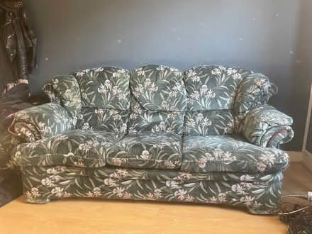 Photo of free Comfy green 3 seater sofa with pink flower (Queens Park MK40) #1