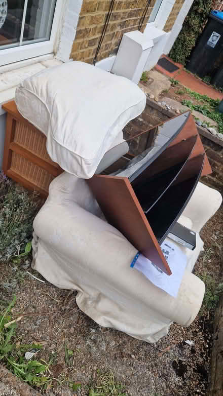 Photo of free Ikea Ektorp Chair, Technik Stand, DVD Player, Wicker Chest (Three Fields Farm HP3) #1