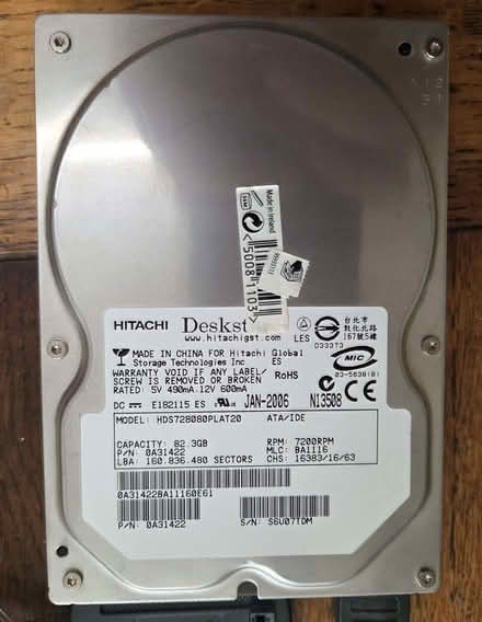 Photo of free 80GB PATA/IDE Hitachi Deskstar 3.5" hard drive (Clevedon BS21) #1