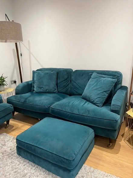 Photo of free Teal Velvet 3-Seater Sofa with Matching Footstool (Twickenham TW2) #1