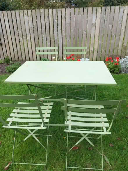 Photo of free Green metal garden table and 4 chairs (Bare LA4) #1