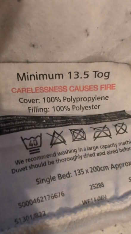 Photo of free Single duvet 13.5 tog (Dronfield S18) #2