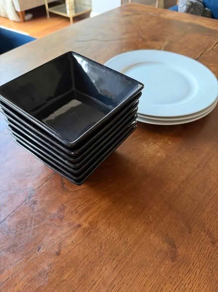 Photo of free 7 square black ceramic bowls and 3 white dinner plates (Old Road OX3) #1