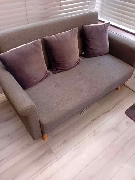 Photo of free Grey sofa 3 seater 2 x armchairs 1x cabinet 1x desk top ligh (Woodside Industrial Estate LU5) #2