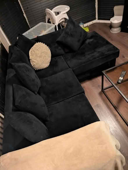 Photo of free Black plush velvet corner sofa (Birkenhead) #2