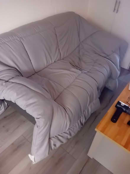 Photo of free Grey sofa 3 seater 2 x armchairs 1x cabinet 1x desk top ligh (Woodside Industrial Estate LU5) #1