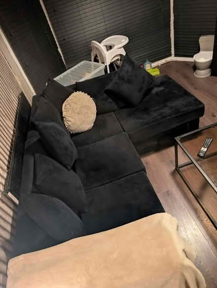 Photo of free Black plush velvet corner sofa (Birkenhead) #3