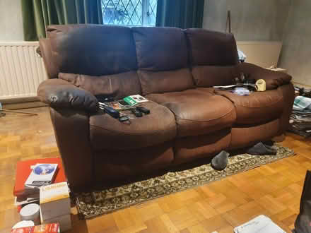 Photo of free leather sofa dark brown (Enborne Row RG20) #1